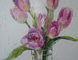 Розовые Тюльпаны в стеклянном стакане 70х50см холст масло 2014